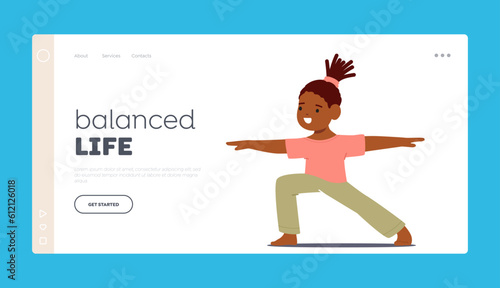 Balanced Life Landing Page Template. African American Girl Peacefully Practicing Yoga. Child Character Stretching Body