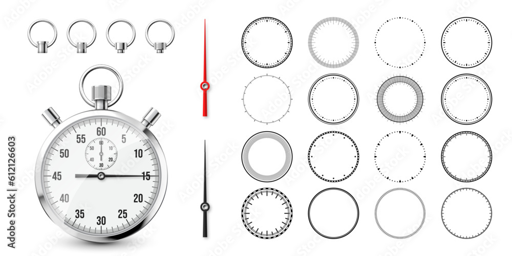 Naklejka premium Classic stopwatch with clock faces. Shiny metal chronometer, time counter with dial. Countdown timer showing minutes and seconds. Time measurement for sport, start and finish. Vector illustration