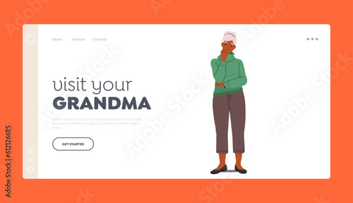 Visit your Grandma Landing Page Template. Contemplative Senior Woman With A Reflective Expression, Vector Illustration