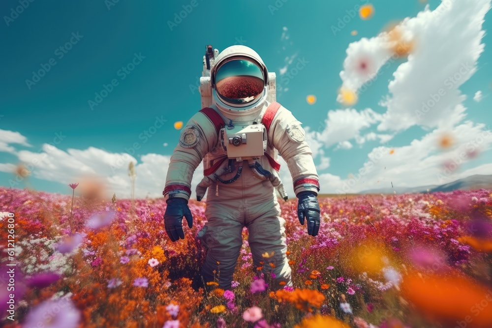 Astronaut picking beautiful flowers on a mesmerizing alien planet. Generative AI Astronaut picking beautiful flowers on a mesmerizing alien planet. Generative AI