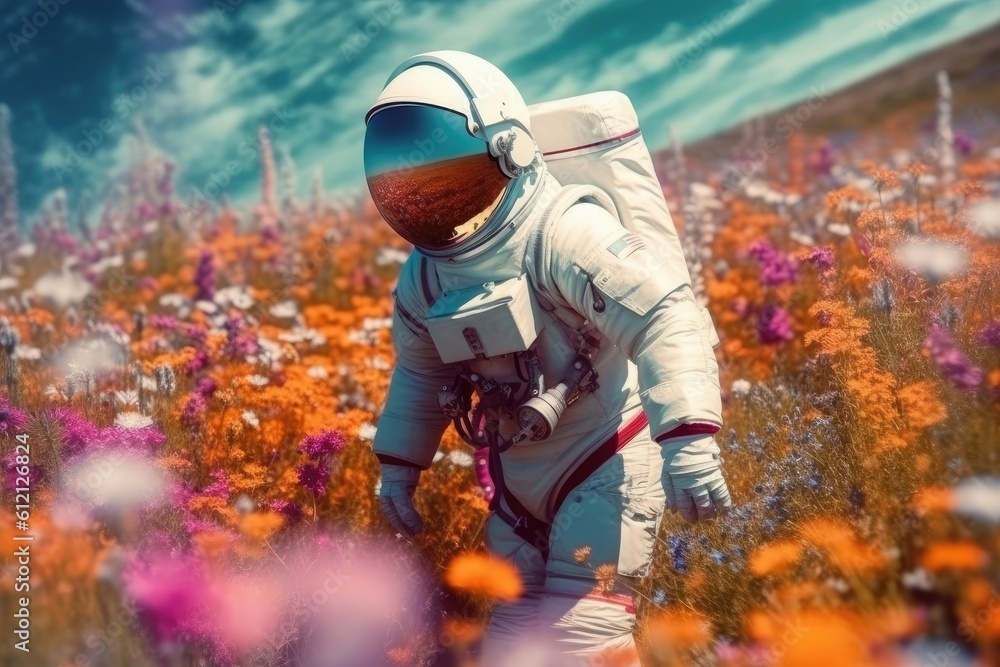 Astronaut picking beautiful flowers on a mesmerizing alien planet. Generative AI Astronaut picking beautiful flowers on a mesmerizing alien planet. Generative AI
