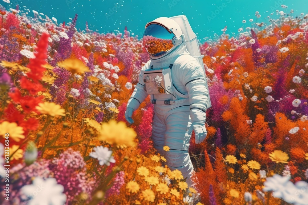 Astronaut picking beautiful flowers on a mesmerizing alien planet. Generative AI Astronaut picking beautiful flowers on a mesmerizing alien planet. Generative AI