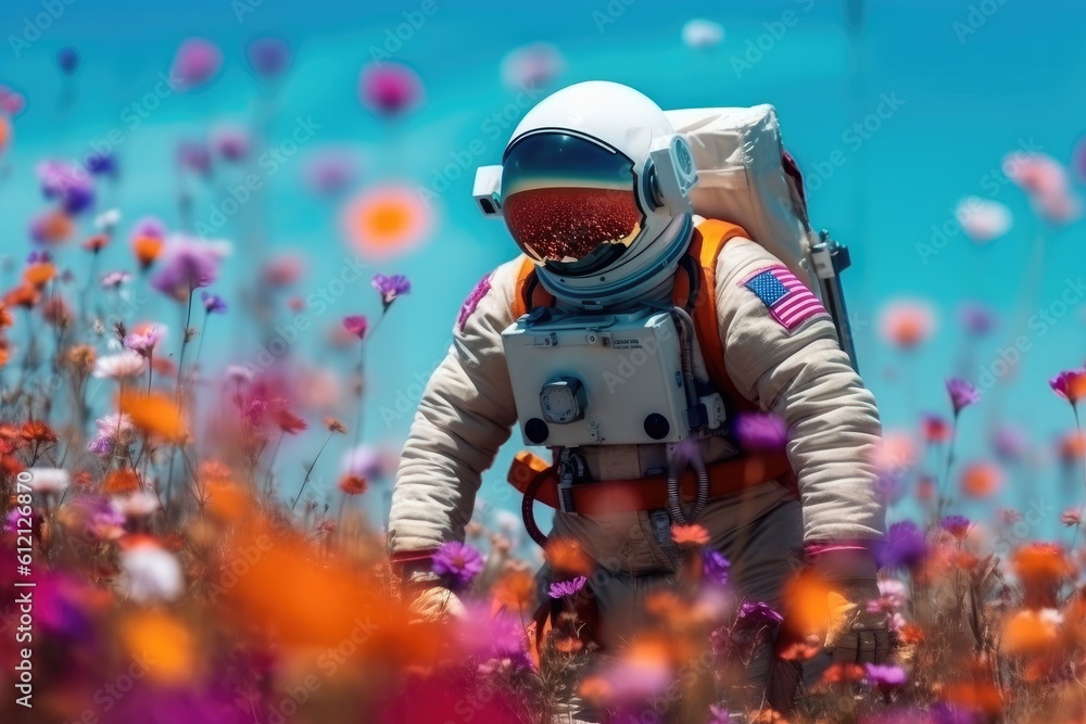 Astronaut picking beautiful flowers on a mesmerizing alien planet. Generative AI Astronaut picking beautiful flowers on a mesmerizing alien planet. Generative AI