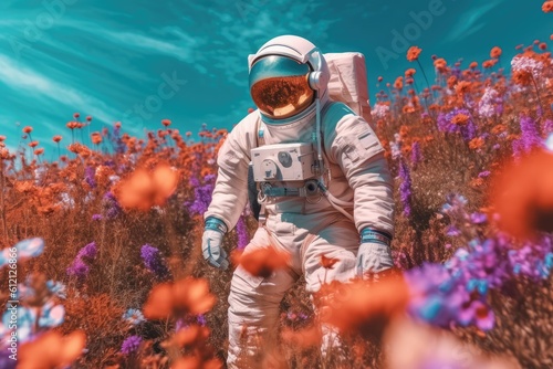 Astronaut picking beautiful flowers on a mesmerizing alien planet. Generative AI © ChaoticMind