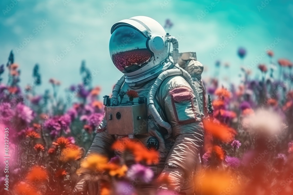 Astronaut picking beautiful flowers on a mesmerizing alien planet. Generative AI Astronaut picking beautiful flowers on a mesmerizing alien planet. Generative AI