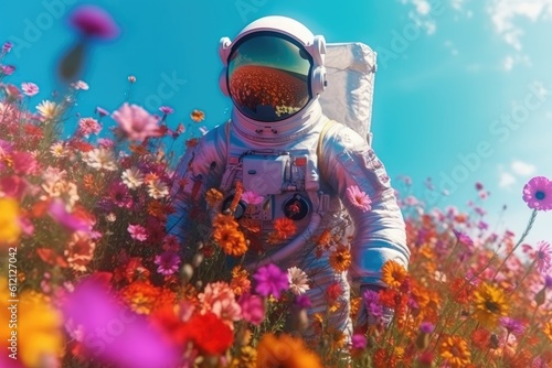 Astronaut picking beautiful flowers on a mesmerizing alien planet. Generative AI © ChaoticMind