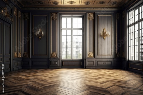an empty room with wooden floors and walls. Generative AI
