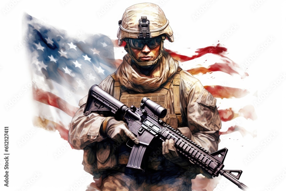 Naklejka premium USA military force soldier in camouflage uniform and helmet with a weapon with the national flag behind. Generative AI
