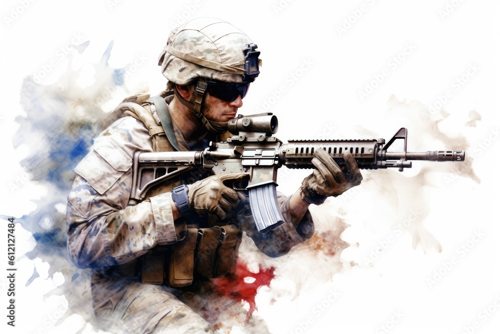 Fototapeta premium USA military force soldier in camouflage uniform and helmet with a weapon with the national flag behind. Generative AI