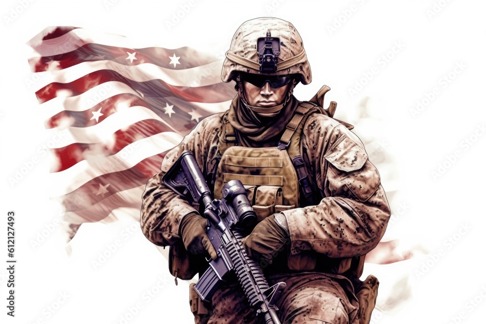 USA military force soldier in camouflage uniform and helmet with a weapon with the national flag behind. Generative AI USA military force soldier in camouflage uniform and helmet with a weapon with the national flag behind. Generative AI