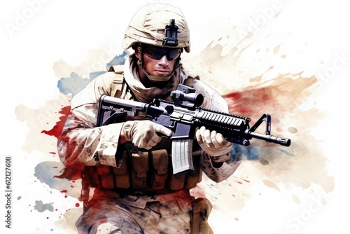 USA military force soldier in camouflage uniform and helmet with a weapon with the national flag behind. Generative AI