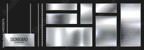Metal banners hanging on a chain. Realistic shiny steel plate with screws. Polished silver metal surface. Vector illustration
