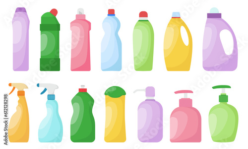 Vector set of detergent empty bottles icons. Detergent bottles mockup icons. Cleaner spray container template. Vector liquid chemical product for housework