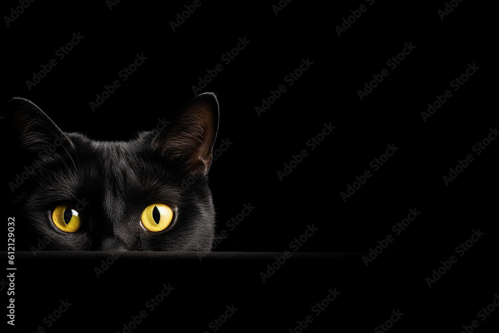 Black Cat with Yellow Eyes Above Black Banner on Black Background. AI generative. Black Cat with Yellow Eyes Above Black Banner on Black Background. AI generative.