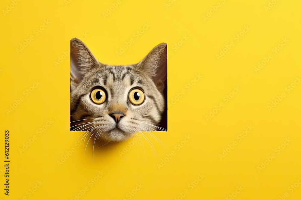 Surprised Cute Cat Leaning Out of Square Hole on Yellow Background. AI generative.