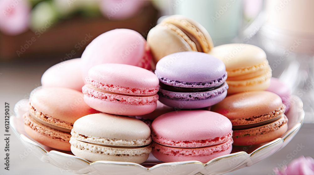 Obraz premium Colorful Pastel Macaroons on Retro White Plate Blur Background. AI generative.
