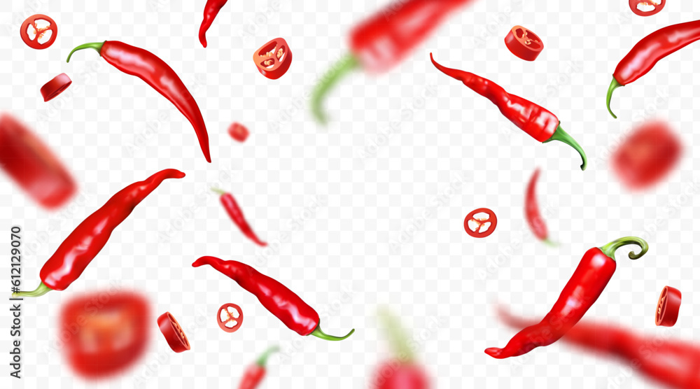 Fototapeta Falling realistic red chilli peppers isolated on transparent background. Flying defocusing hot peppers, whole and cut pieces. Ideal for advertising, package, banner design. Vector illustration.