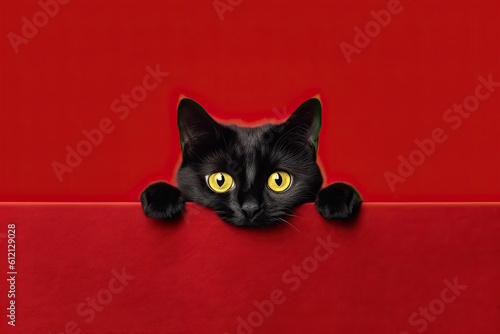 Inquisitive Cute Black Kitten Above Red Banner on Red Background. AI generative. © fotoyou