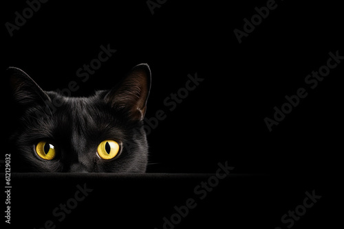 Black Cat with Yellow Eyes Above Black Banner on Black Background. AI generative.