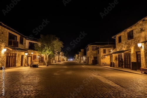 charming cobblestone street illuminated at night. Generative AI