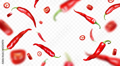 Fototapeta Falling realistic red chilli peppers isolated on transparent background. Flying defocusing hot peppers, whole and cut pieces. Ideal for advertising, package, banner design. Vector illustration.