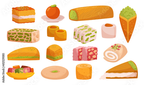 Delicious Assortment Of Eastern Sweets Offering A Tantalizing Variety Of Flavors And Textures, Vector Illustration
