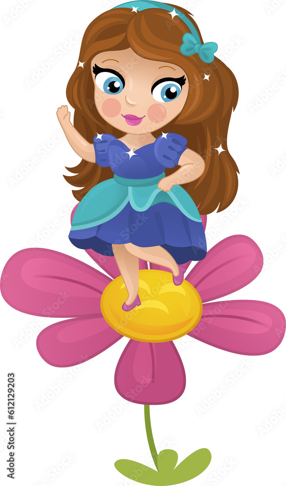 Cartoon colorful happy fairy princess flying near the flower isolated illustration for children Cartoon colorful happy fairy princess flying near the flower isolated illustration for children