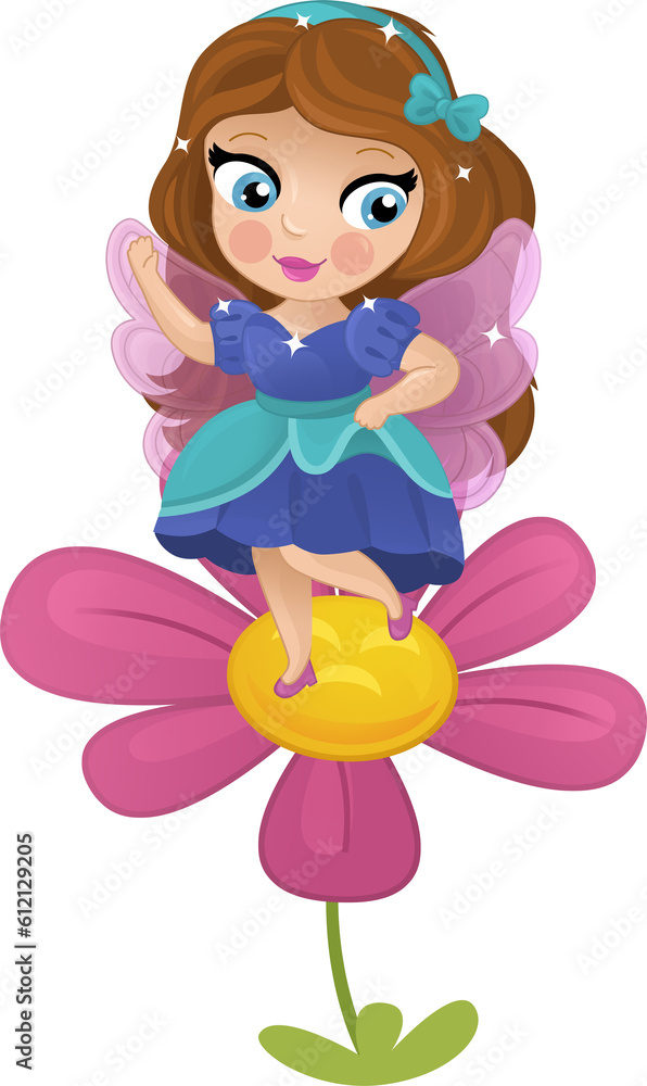 Cartoon colorful happy fairy princess flying near the flower isolated illustration for children