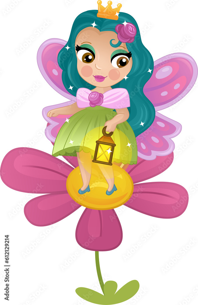 Cartoon colorful happy fairy princess flying near the flower isolated illustration for children