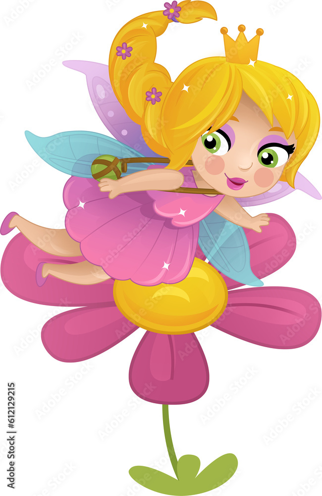 Cartoon colorful happy fairy princess flying near the flower isolated illustration for children Cartoon colorful happy fairy princess flying near the flower isolated illustration for children