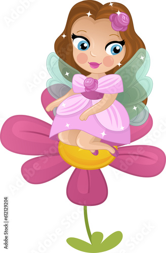 Cartoon colorful happy fairy princess flying near the flower isolated illustration for children