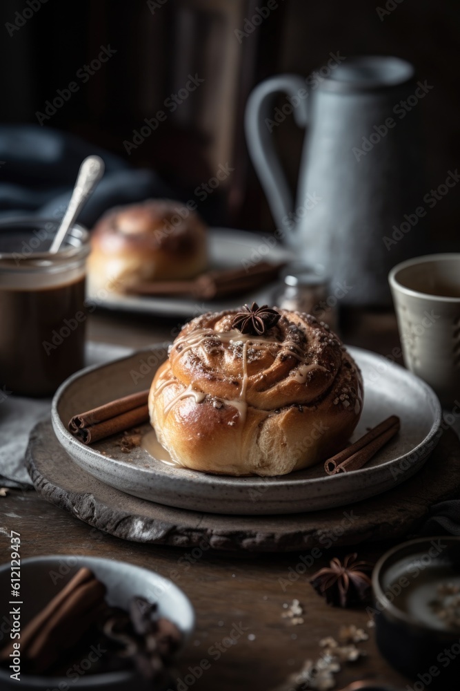 Coffee with cinnamon buns, homemade pastry in warm hygge style. AI generative Coffee with cinnamon buns, homemade pastry in warm hygge style. AI generative