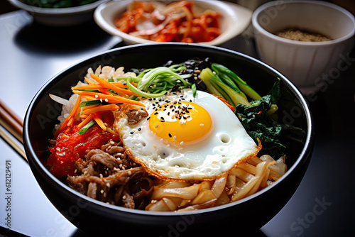 Traditional Korean dish bibimbap with fried agg, beef and vegetables. AI generative photo