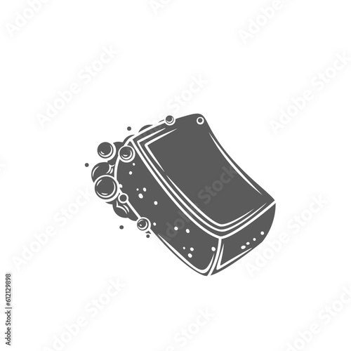 Sponge with soap foam glyph icon vector illustration. Stamp of bath washcloth and cleaning soapy bubbles to wash and scrub body skin, wet sponge with detergent for household chores and cleanup