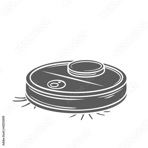 Robot vacuum cleaner glyph icon vector illustration. Stamp of smart automatic equipment with small broom brushes for cleaning home floor and carpet from dust, wireless round robot for sweeping