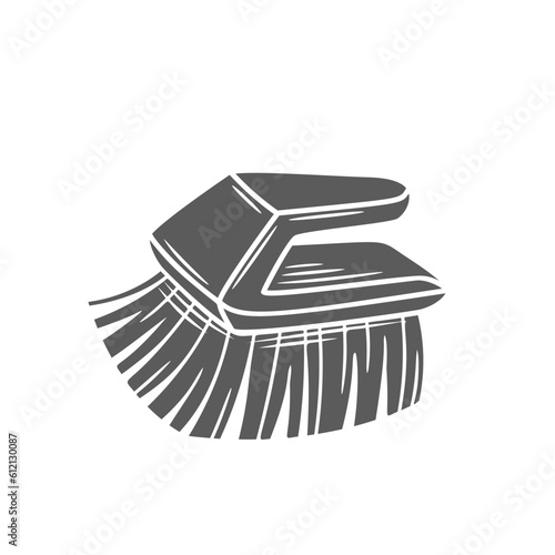 Cleaning brush glyph icon vector illustration. Stamp of tool with bristles and plastic handle for hand to clean dish and dirty surfaces, cleaning equipment and supply for household works in house