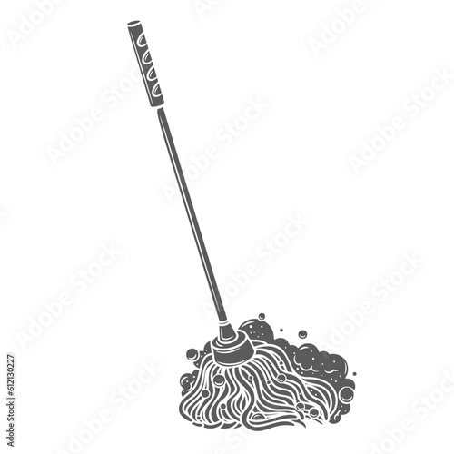 Floor mop glyph icon vector illustration. Stamp of broom with handle, mop with detergent foam to wash dirty surface in toilet, bathroom or living room, equipment of wiper and cleaning service employee