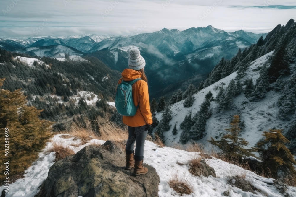 lone adventurer standing on a snowy mountain peak. Generative AI