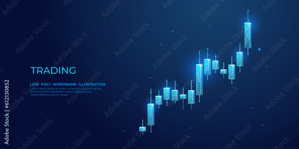 Digital 3D stock market candlestick isolated on technological dark blue background. Low poly abstract graph chart. Monochrome wireframe vector illustration with connected dots, lines, and polygons.