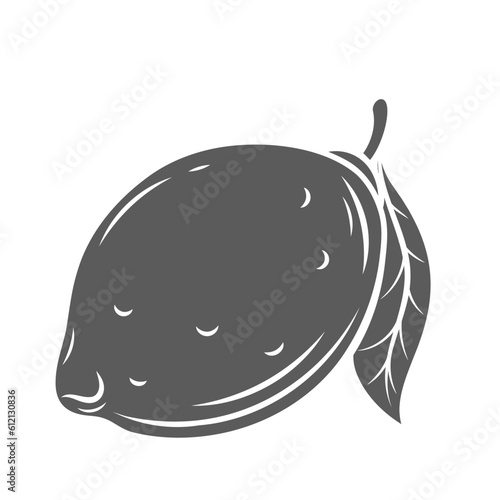 Lemon glyph icon vector illustration. Stamp of whole fresh limon fruit with leaf on stem and peel, single healthy natural refreshing citrus and harvest of lemon tree from tropical summer garden
