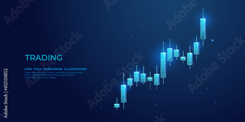 Digital 3D stock market candlestick isolated on technological dark blue background. Low poly abstract graph chart. Monochrome wireframe vector illustration with connected dots, lines, and polygons.