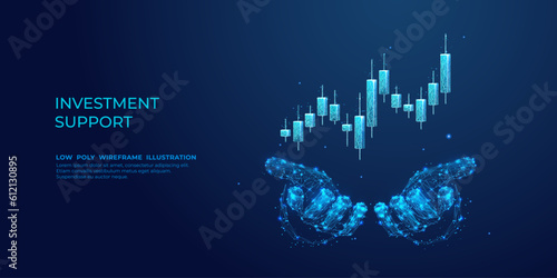 Digital abstract human hands holding 3D stock market candlestick graph chart. The conception of investment support or financial literacy help. Low polygonal vector illustration on dark blue background