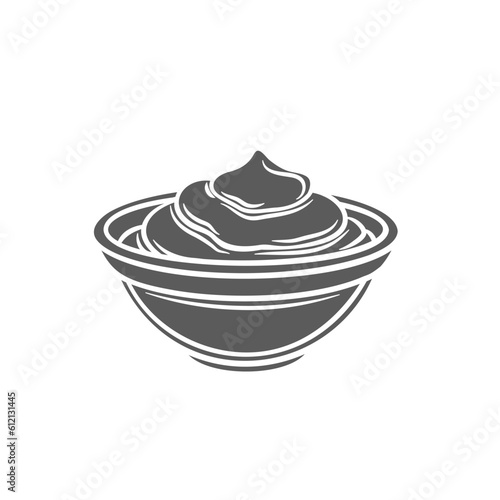 Sauce in bowl, side view glyph icon vector illustration. Stamp of creamy mayonnaise or Greek yogurt, sour cream or ketchup swirls in small glass cup, aioli or cheese sauce in ceramic round ramekin