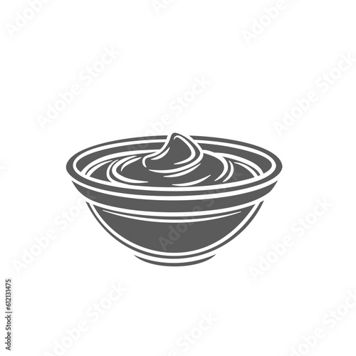 Sauce in bowl, side view glyph icon vector illustration. Stamp of yogurt or sour cream splashes in glass round cup, mayonnaise or creamy mousse swirls, fresh curd sauce for dipping and eating snacks