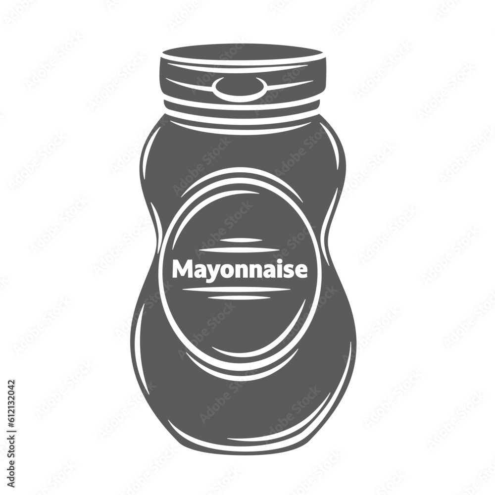 Mayonnaise sauce bottle glyph icon vector illustration. Stamp of plastic or glass pack of dressing cream and condiment for cooking Caesar salad or sandwich, packaging with mayo sauce, label and lid Mayonnaise sauce bottle glyph icon vector illustration. Stamp of plastic or glass pack of dressing cream and condiment for cooking Caesar salad or sandwich, packaging with mayo sauce, label and lid
