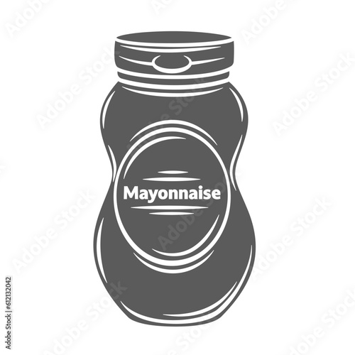 Mayonnaise sauce bottle glyph icon vector illustration. Stamp of plastic or glass pack of dressing cream and condiment for cooking Caesar salad or sandwich, packaging with mayo sauce, label and lid