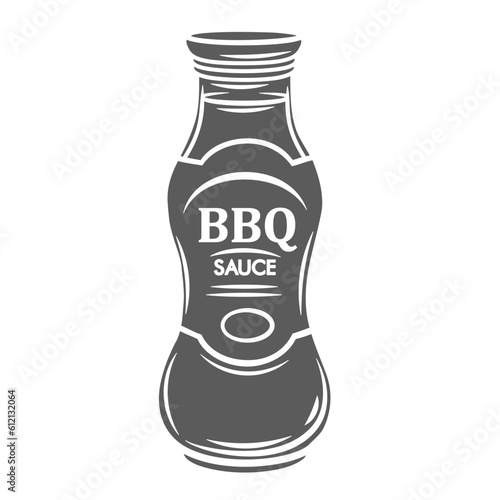 BBQ sauce bottle glyph icon vector illustration. Stamp of glass jar with label, barbeque sauce for gourmet steak and lid, container of spicy tomato product with savory and grill flavor for eating