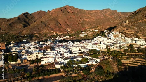 Aerial sunrise view above the beautiful village of Níjar in Andalusia southern Spain photo