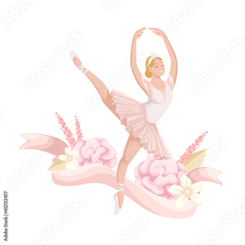 Classic dance of princess swan by ballerina vector illustration. Cartoon isolated little girl dancing fairy ballet among flowers and pink ribbon, pretty prima ballerina in pointes, tutu and crown