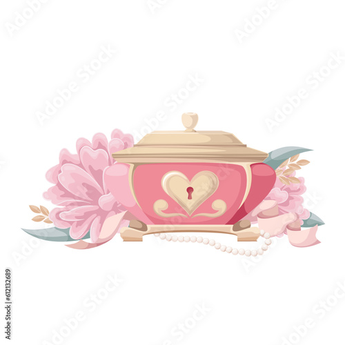 Victorian chest with flowers vector illustration. Cartoon isolated closed vintage fashion box with heart keyhole for storage of antique precious jewelry of rich lady, pink flowers and pearl necklace